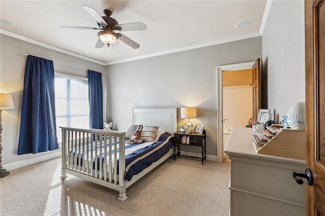 bedroom with light carpet, ceiling fan, and ornamental molding