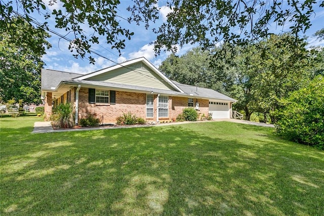 ranch-style house with a front yard and a garage