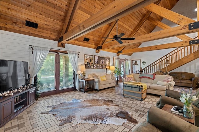 living room with wood ceiling, beam ceiling, ceiling fan, and high vaulted ceiling