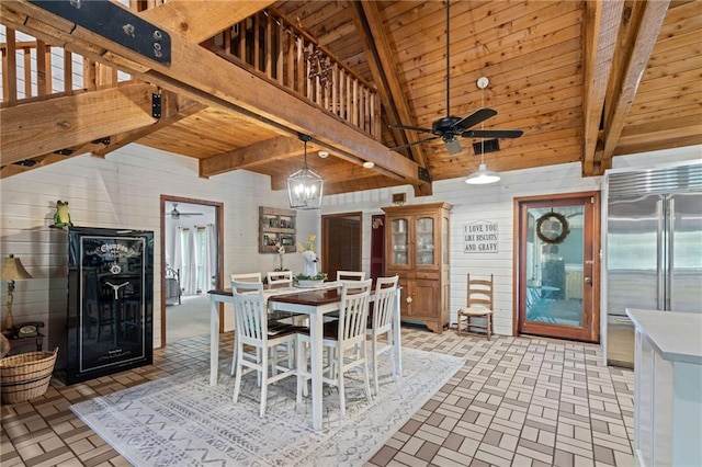 dining space featuring high vaulted ceiling, ceiling fan with notable chandelier, wooden ceiling, beam ceiling, and wooden walls