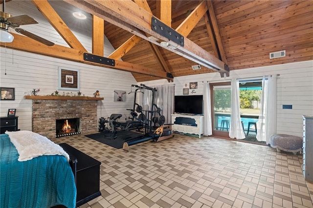 workout area with high vaulted ceiling, wood walls, ceiling fan, and wooden ceiling