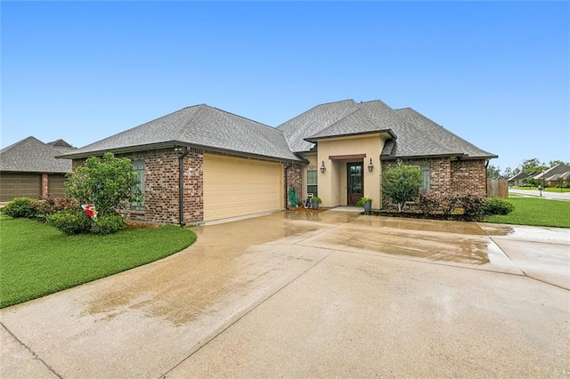 view of front of property featuring a front yard and a garage