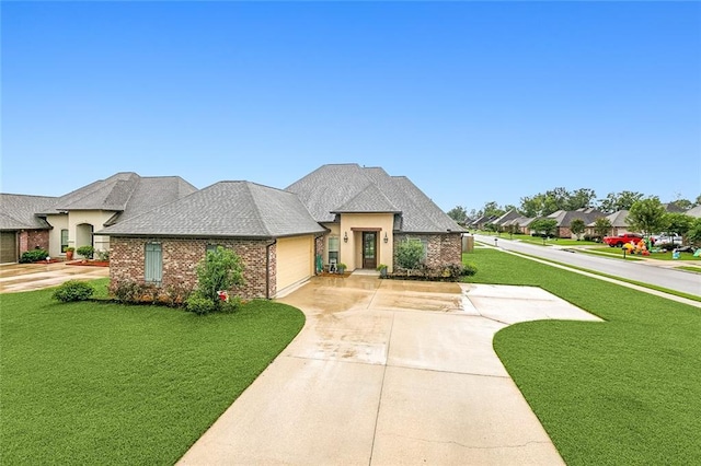 view of front of house with a front yard and a garage