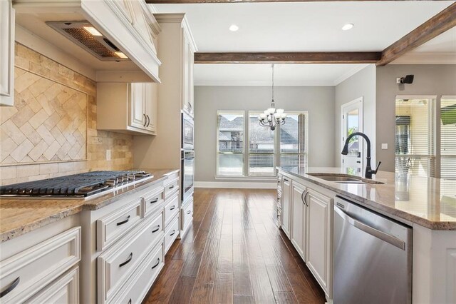 kitchen featuring white cabinetry, sink, stainless steel appliances, beamed ceiling, and custom exhaust hood