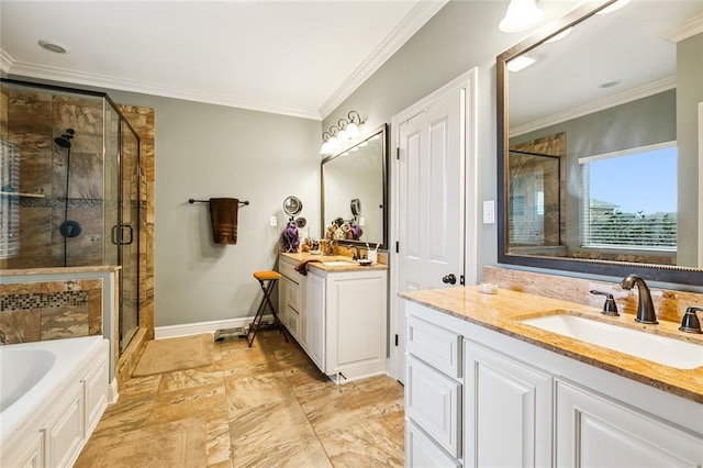 bathroom with plus walk in shower, crown molding, and vanity