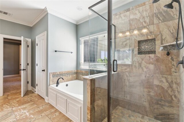 bathroom featuring curtained shower, vanity, ornamental molding, and toilet