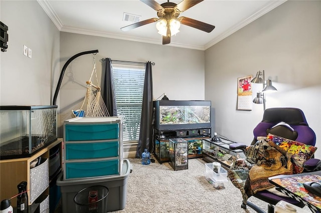 interior space with ceiling fan and crown molding