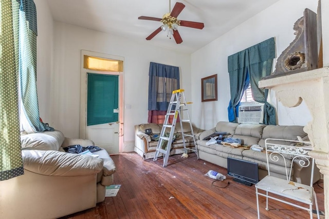 living room with wood-type flooring, cooling unit, and ceiling fan