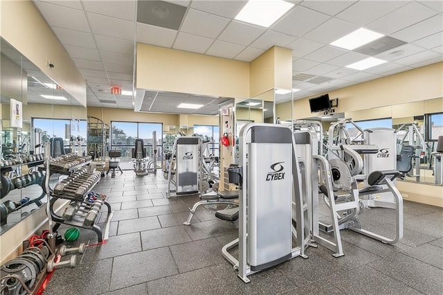 exercise room featuring a drop ceiling and a wealth of natural light