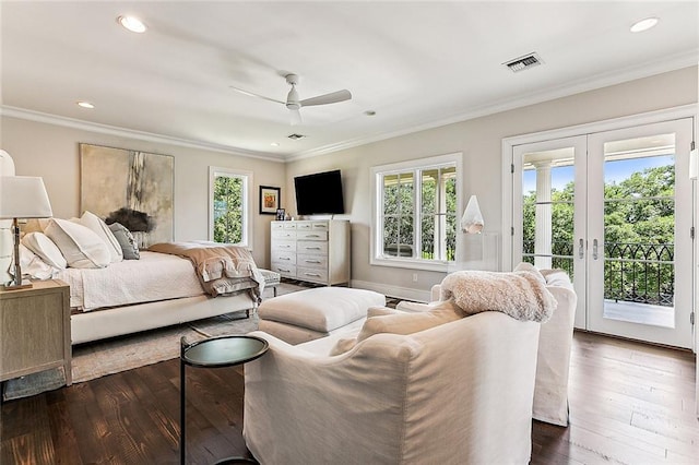 bedroom featuring crown molding, dark hardwood / wood-style flooring, ceiling fan, and access to exterior