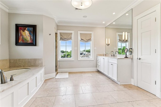 bathroom with plus walk in shower, tile patterned flooring, vanity, and crown molding