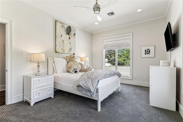 bedroom with ceiling fan, crown molding, and dark carpet