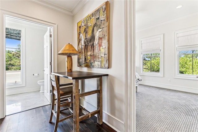 interior space with dark hardwood / wood-style floors, crown molding, and a healthy amount of sunlight