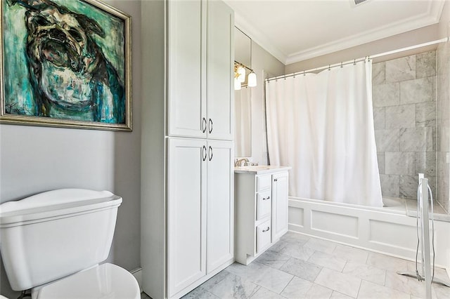 full bathroom featuring ornamental molding, vanity, toilet, and shower / tub combo with curtain