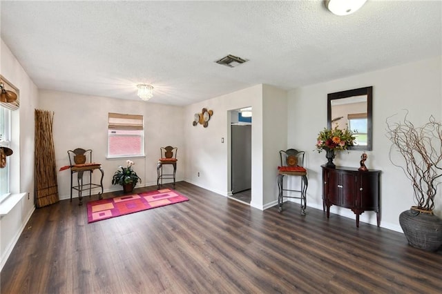 sitting room featuring a textured ceiling and dark wood-type flooring