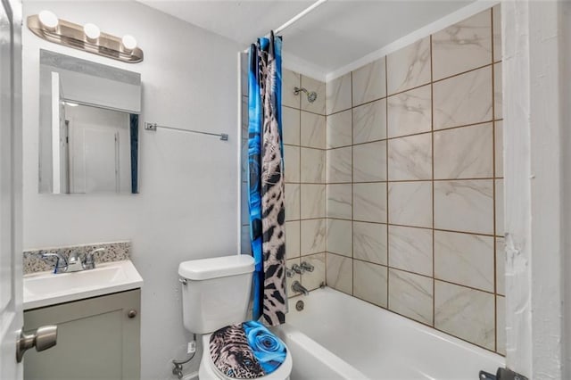 full bathroom with vanity, shower / bathtub combination with curtain, and toilet