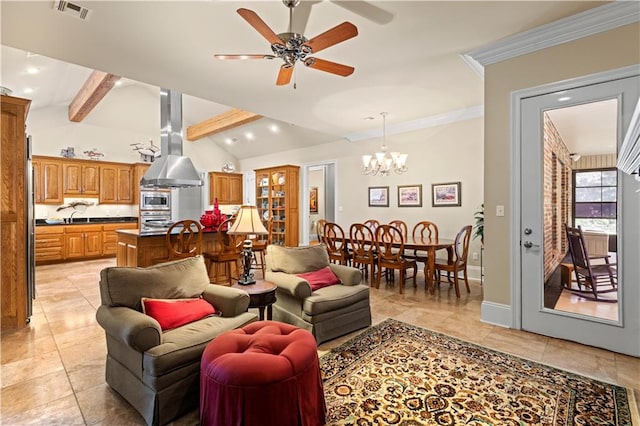 tiled living room with crown molding, vaulted ceiling with beams, ceiling fan with notable chandelier, and sink