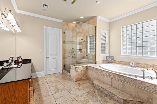 bathroom with separate shower and tub, tile patterned flooring, and ornamental molding