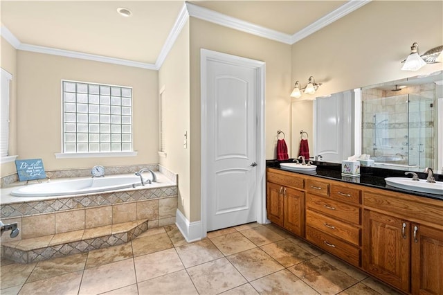 bathroom with ornamental molding, vanity, tile patterned flooring, and separate shower and tub