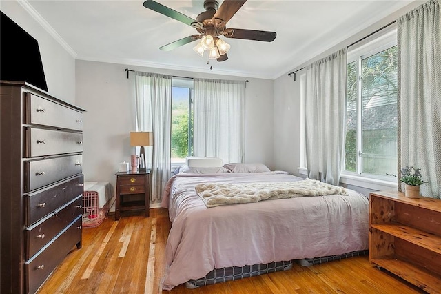 bedroom with ceiling fan, ornamental molding, multiple windows, and light wood-type flooring