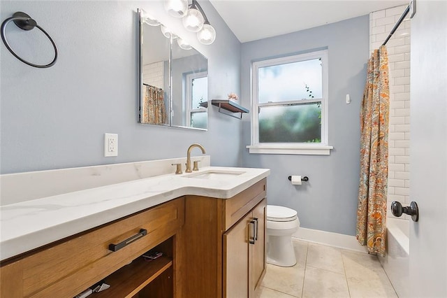 full bathroom with vanity, toilet, shower / bath combination with curtain, and tile patterned flooring