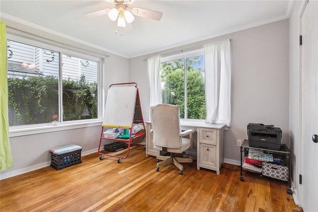 office featuring crown molding, light wood-type flooring, and ceiling fan