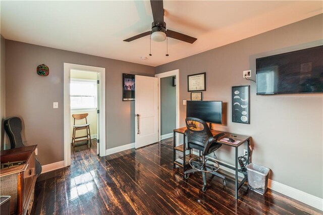 office with ceiling fan and dark wood-type flooring