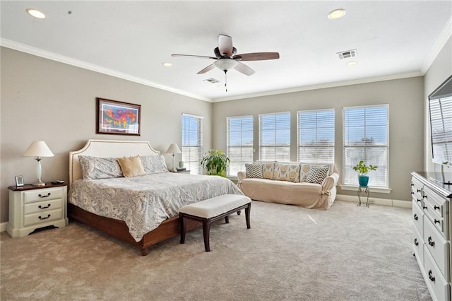 bedroom featuring ceiling fan, light colored carpet, crown molding, and multiple windows