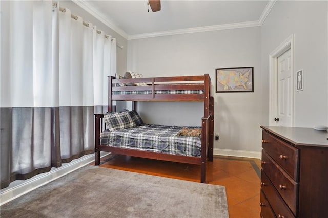 bedroom with crown molding, ceiling fan, and tile patterned flooring