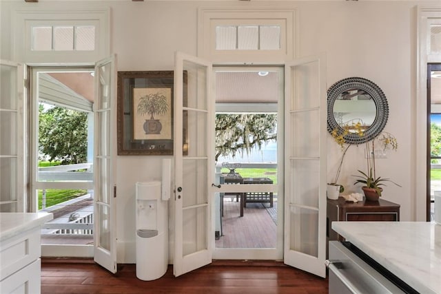 doorway with plenty of natural light, dark wood-type flooring, and french doors