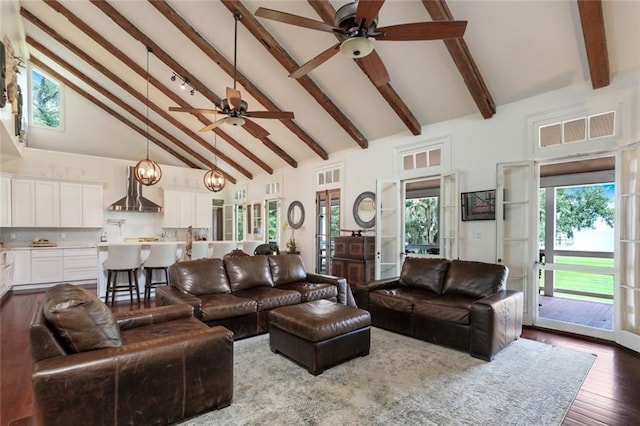 living area featuring high vaulted ceiling, visible vents, a ceiling fan, beam ceiling, and dark wood-style floors