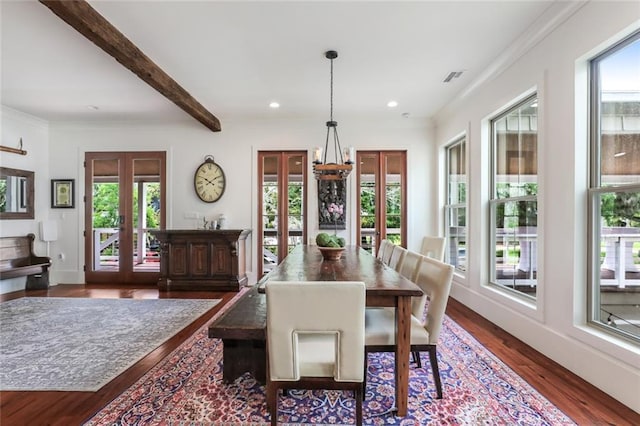 dining room featuring dark wood-style flooring, french doors, beam ceiling, recessed lighting, and baseboards