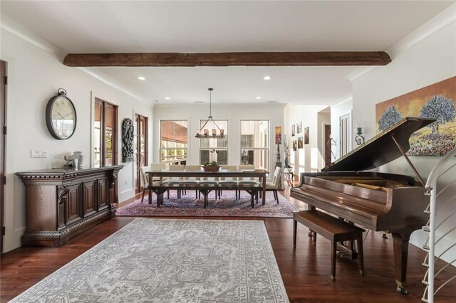 115 Holly St, Mandeville, LA 70448 - dining room featuring french doors, beam ceiling, a chandelier, dark wood finished floors, and recessed lighting