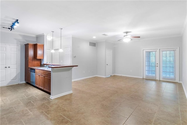 kitchen featuring ornamental molding, decorative light fixtures, kitchen peninsula, and stainless steel dishwasher