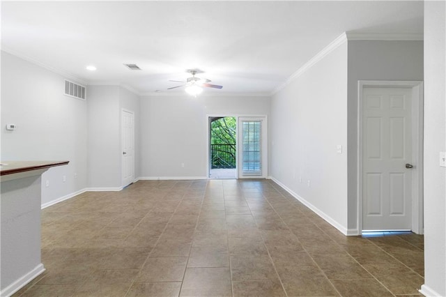 unfurnished living room featuring crown molding, tile patterned flooring, and ceiling fan