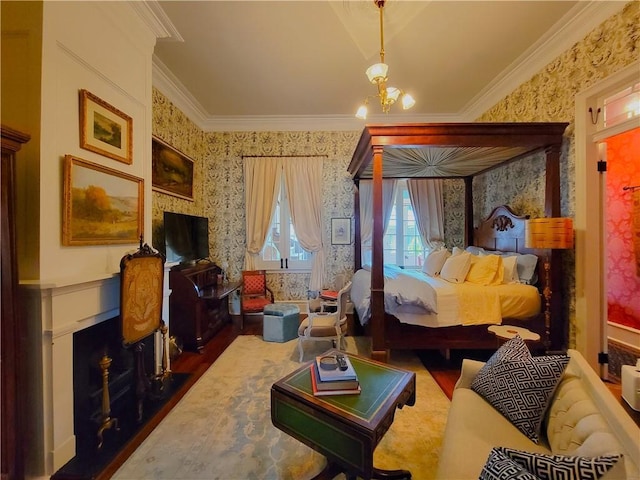 bedroom with a chandelier, dark hardwood / wood-style floors, and crown molding