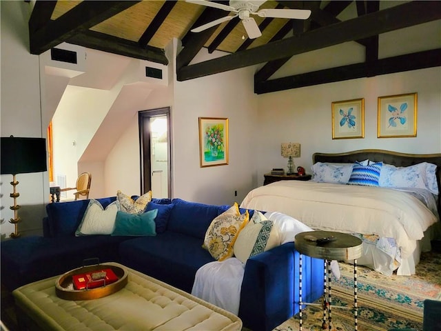 bedroom with ceiling fan, beamed ceiling, and high vaulted ceiling