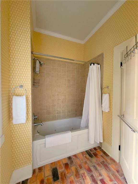 bathroom with crown molding and shower / bathtub combination with curtain