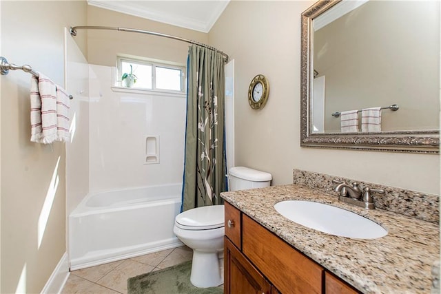 324 38th St, New Orleans, LA 70124 - full bath featuring crown molding, vanity, shower / bath combination with curtain, tile patterned flooring, and toilet