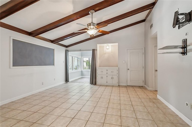 tiled empty room featuring high vaulted ceiling, beam ceiling, and ceiling fan