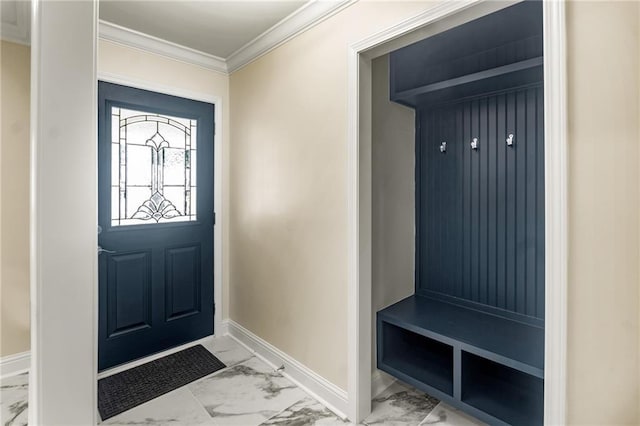 mudroom featuring crown molding