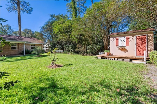 view of yard featuring a storage shed