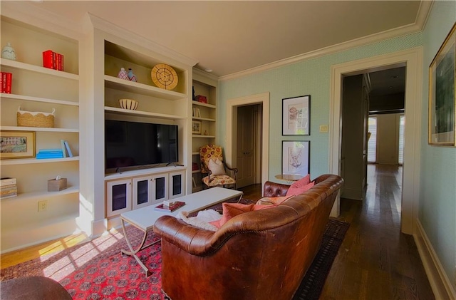 living room with crown molding, built in features, and dark hardwood / wood-style floors