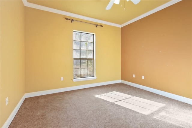 empty room featuring carpet floors, crown molding, and ceiling fan