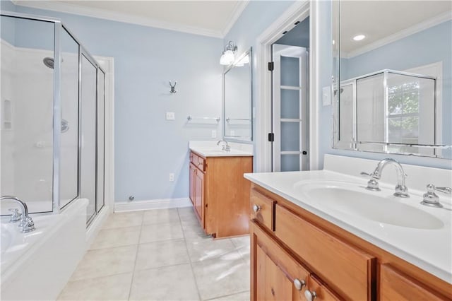 bathroom with ornamental molding, tile patterned flooring, walk in shower, and vanity