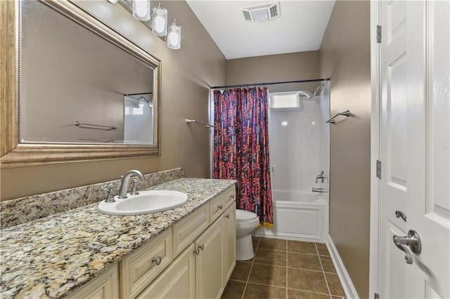 full bathroom with vanity, tile patterned flooring, toilet, and shower / bathtub combination with curtain