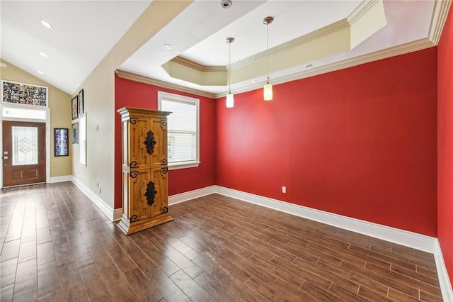 foyer entrance with crown molding and dark wood-type flooring