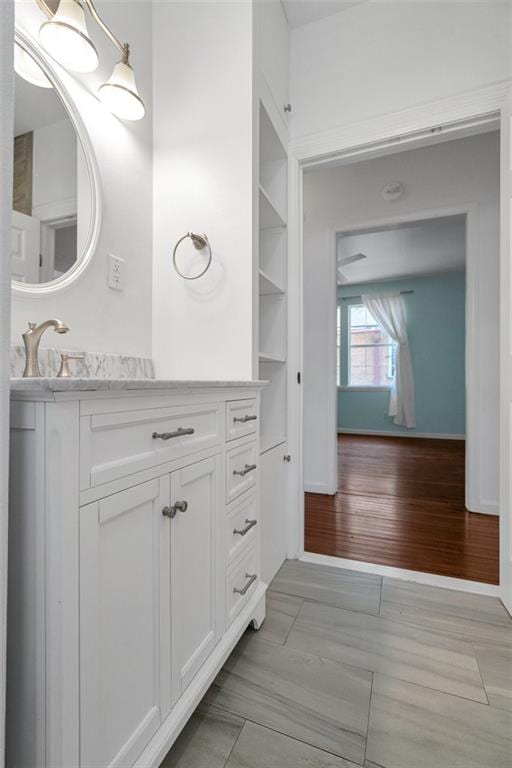 bathroom featuring wood-type flooring and vanity