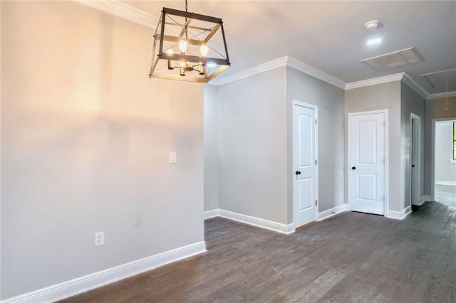 interior space with ornamental molding and dark wood-type flooring