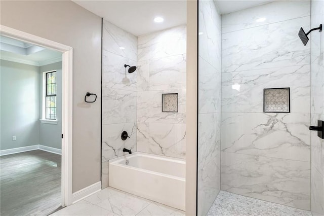 bathroom featuring hardwood / wood-style floors and ornamental molding